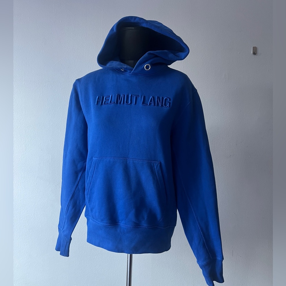 Helmut Lang Embroidered Logo Hoodie Blue Cotton Unisex Mens Small Women’s Medium